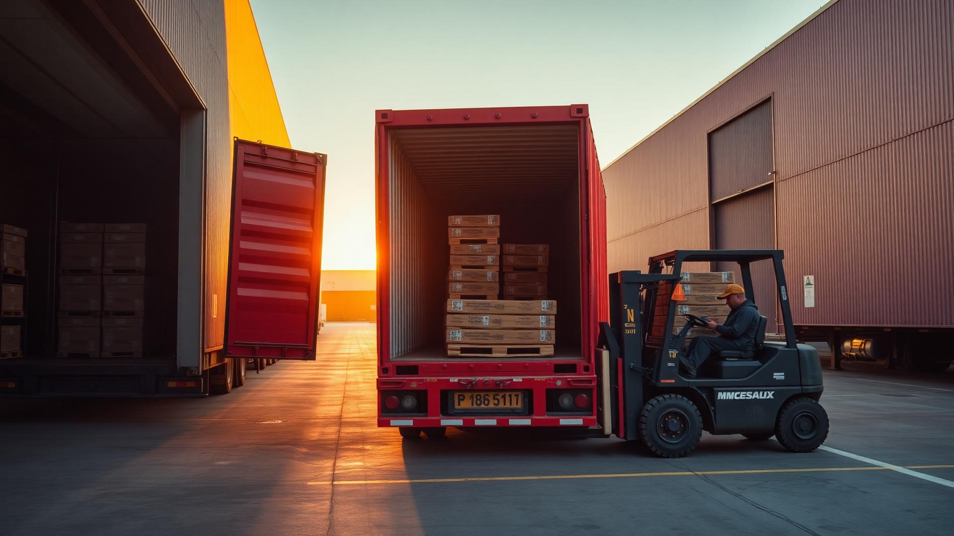 Forklift loading pallets of goods into a red shipping container on a truck trailer